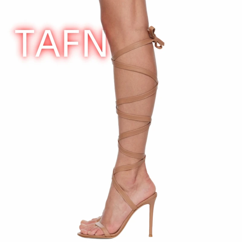 Brown Knee High Wrap Around Sandals Women Strappy Gladiator Sandals Lace up Party Club Summer Stiletto Shoes Zapatos Para Mujere