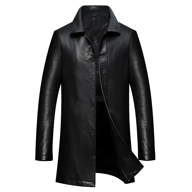2026 Men's Long Leather Trench Coat Autumn Winter High-End Business Casual Lapel Velvet Trim Fashionable Elegant Outerwear