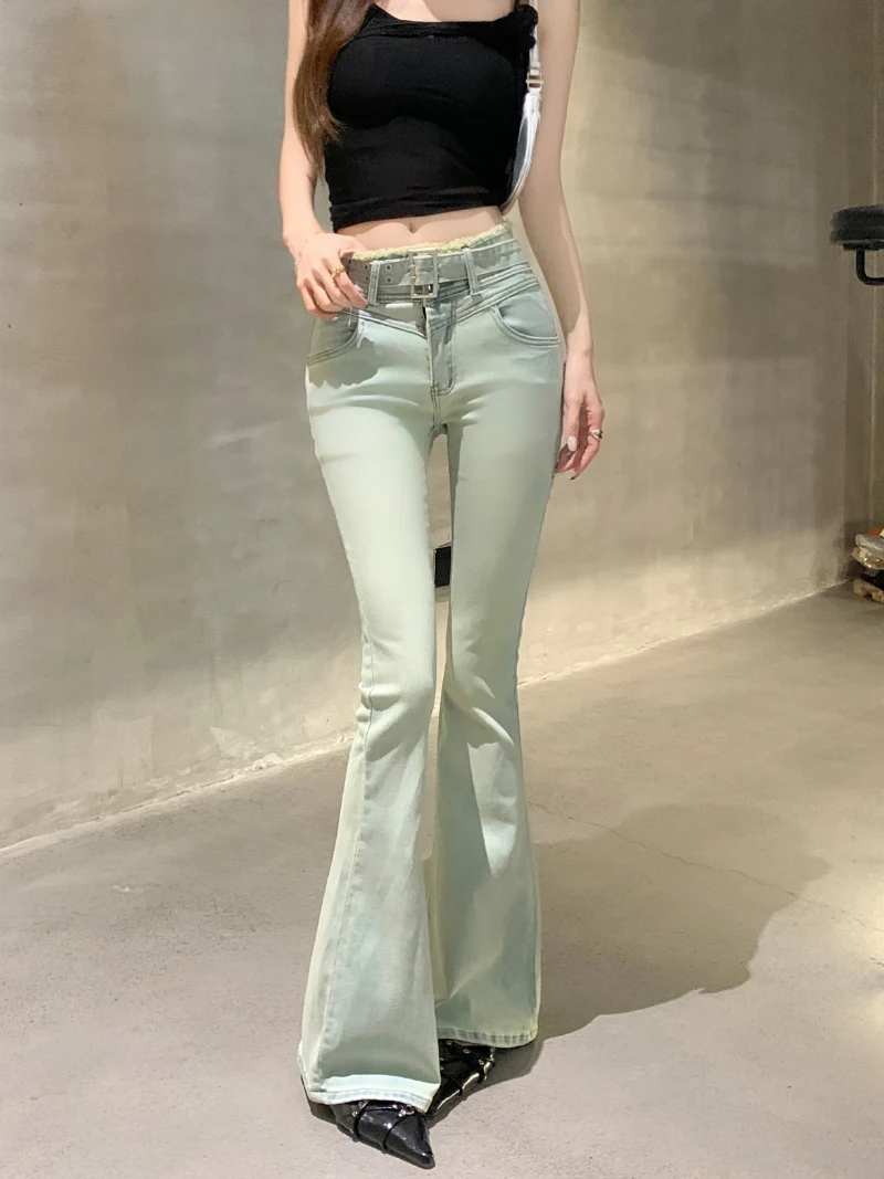 

Slergiri Y2k Retro Raw Trim Low Waist Flare Jeans with Belt Fashion Streetwear Slim-fit Stretch Washed Denim Trousers Women 2024