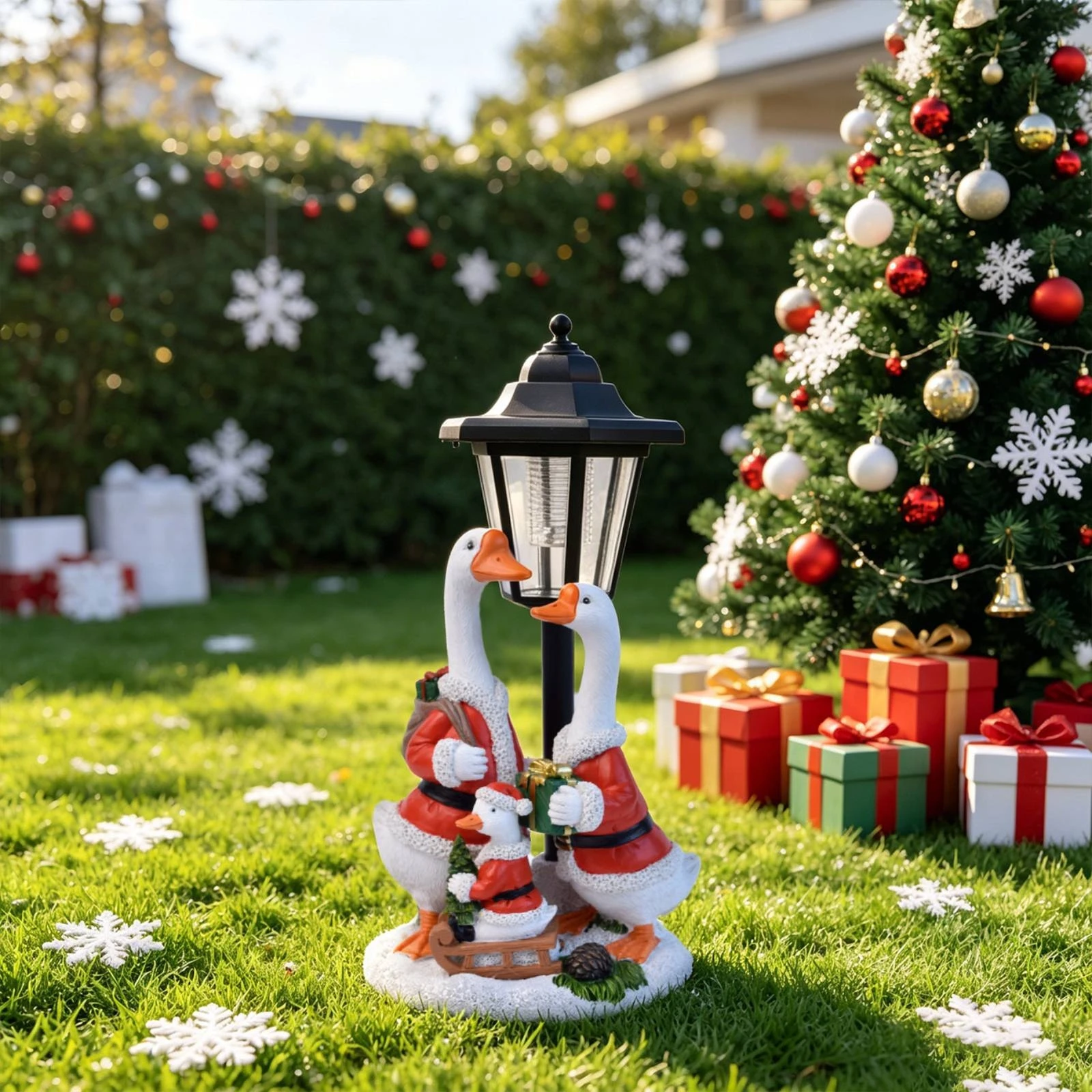 Geese Statue with Solar Lantern Hand-Painted Goose Statue with Lantern Goose Figurine Weather-Resistant Weatherproof