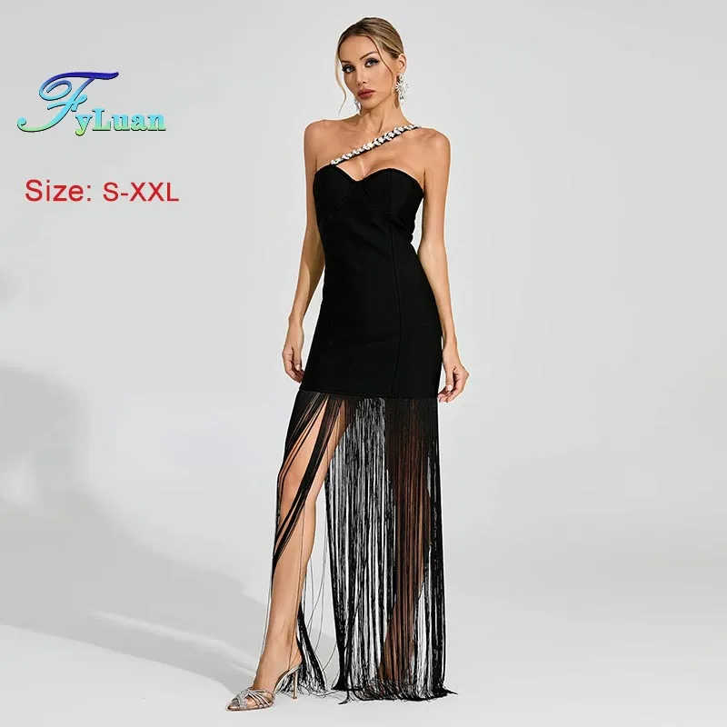 2025年新作ファッション レディース服 セクシー ホット ラインストーン ショルダーストラップ ドレス ブラック タッセル スリム ミニドレス ボディコン イブニングドレス