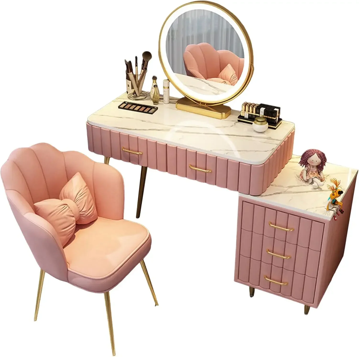 Vanity Set - Makeup Vanity Table with 5 Drawers & 3-Color LED Adjustable 360°Rotating Mirror, Luxury Dressing Table