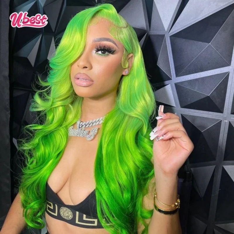 Green Highlight Wig Human Hair Colored Green 13x6 Lace Front Human Hair Wigs for Women Peruvian Remy Wavy Full Lace Wigs