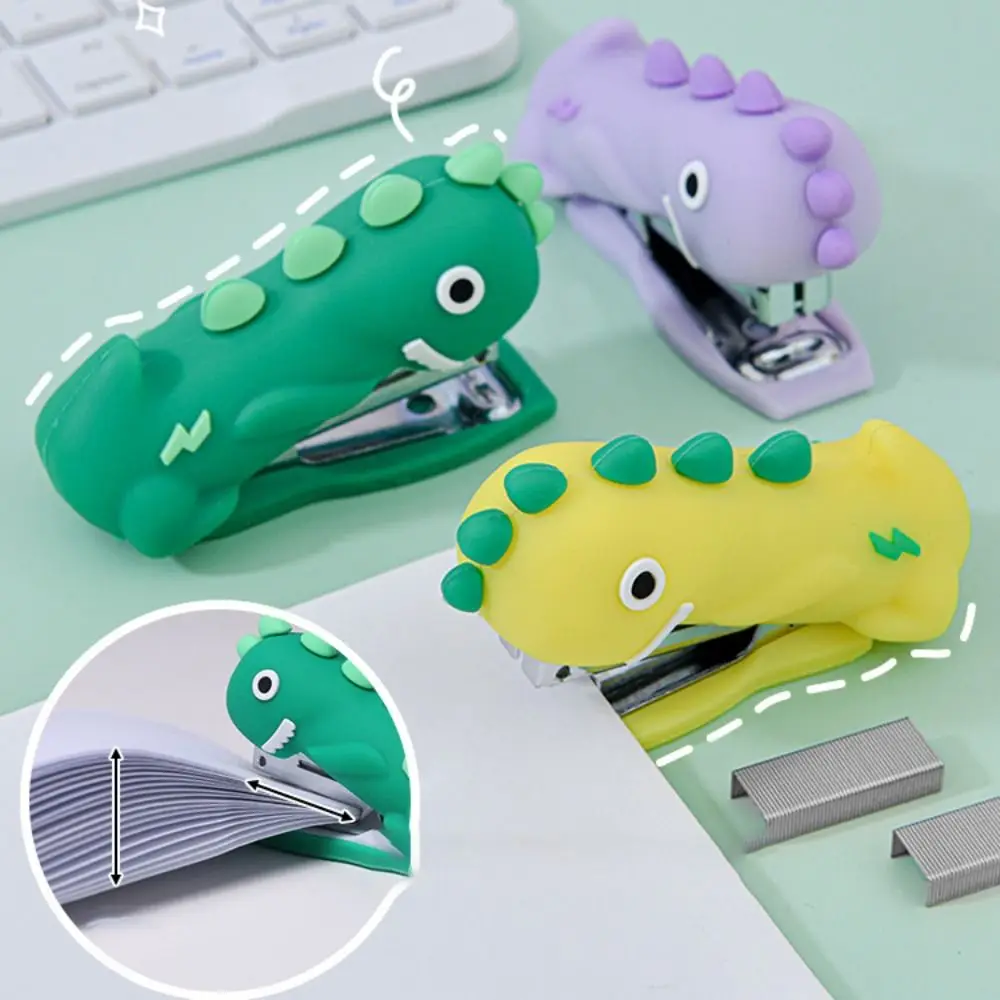 Mini grampeador de dinossauro de desenho animado, grampeador portátil decorativo, ferramenta de grampeamento de papel de silicone para papelaria de mesa