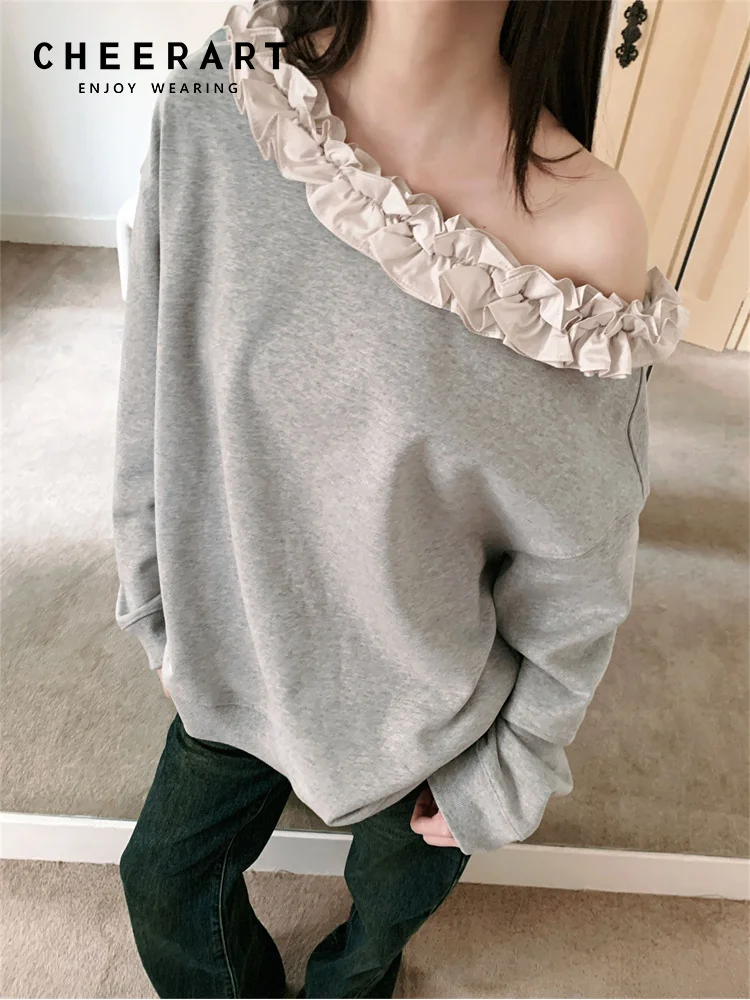 CHEERART Off The Shoulder Frill Gray Hoodies Pullovers Sweatshirt Women Long Sleeve Top Autumn Spring Fashion Clothing