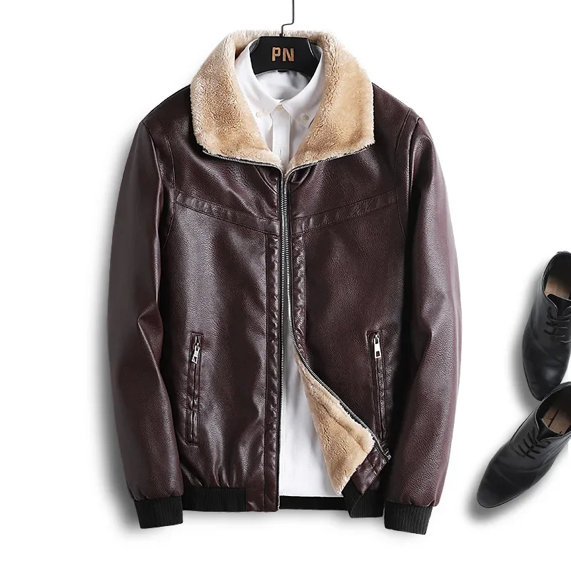 

Men's Lapel Collar Fleece Lined Bomber Faux Leather Jacket Winter Thickened Fleece-Lined Motorcycle Style Casual Warm Overcoat