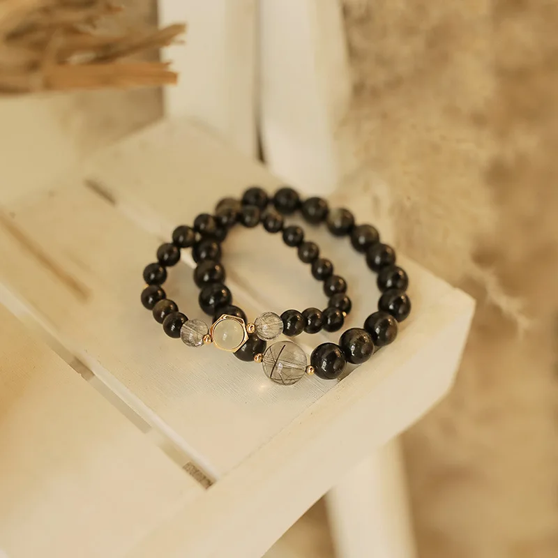 

Wholesale Natural Obsidian Crystal Couple Bracelets Pair Moonstone Black Hair Crystal Beaded Bracelets Gift
