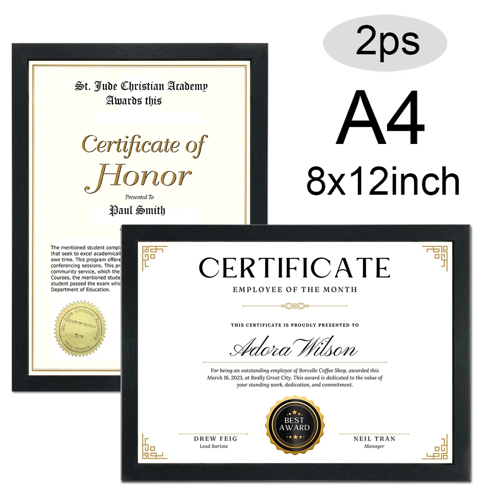 2PC 8x12inch Black Certificates Photos Frame A4 21x29.7CM Wood Picture Poster Frame Can Out and Hang Classics Photo Frame