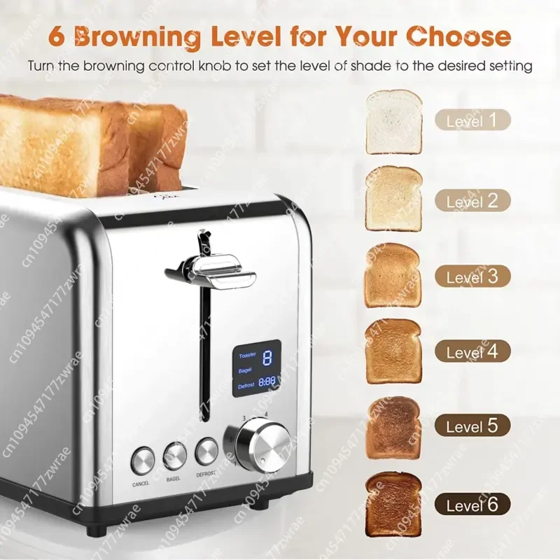 2-Slice Electric Bread Toaster with LED Timer Display Stainless Steel Kitchen Appliance for Household & Hotel Use