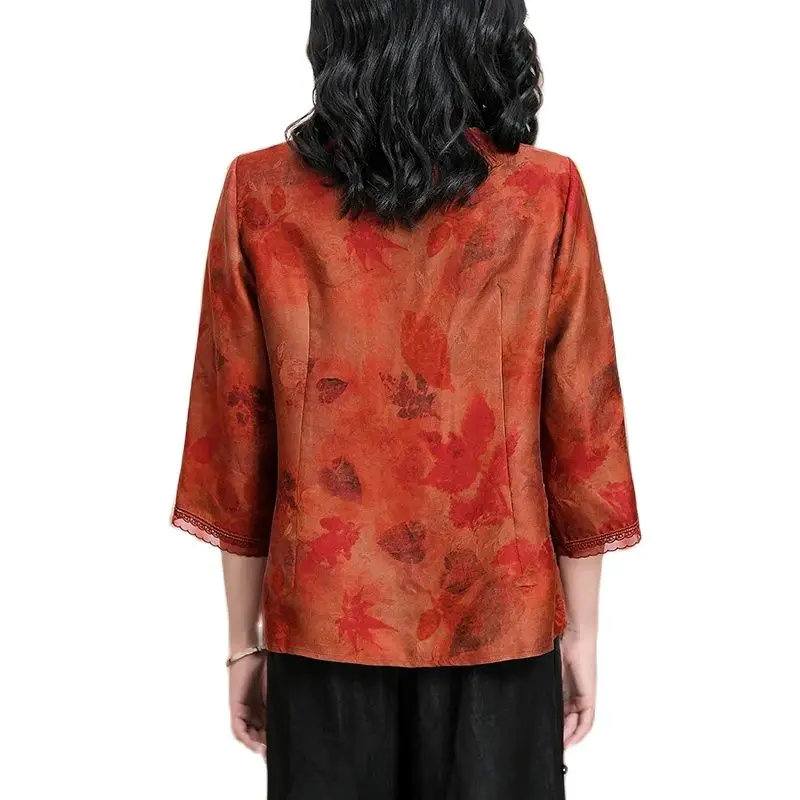 BirdTree, Watered Gauze Real Silk Elegant Shirt, Women 3/4 Sleeve Lace, Retro Loose Vintage Blouse, 2024 Summer New T456113QM