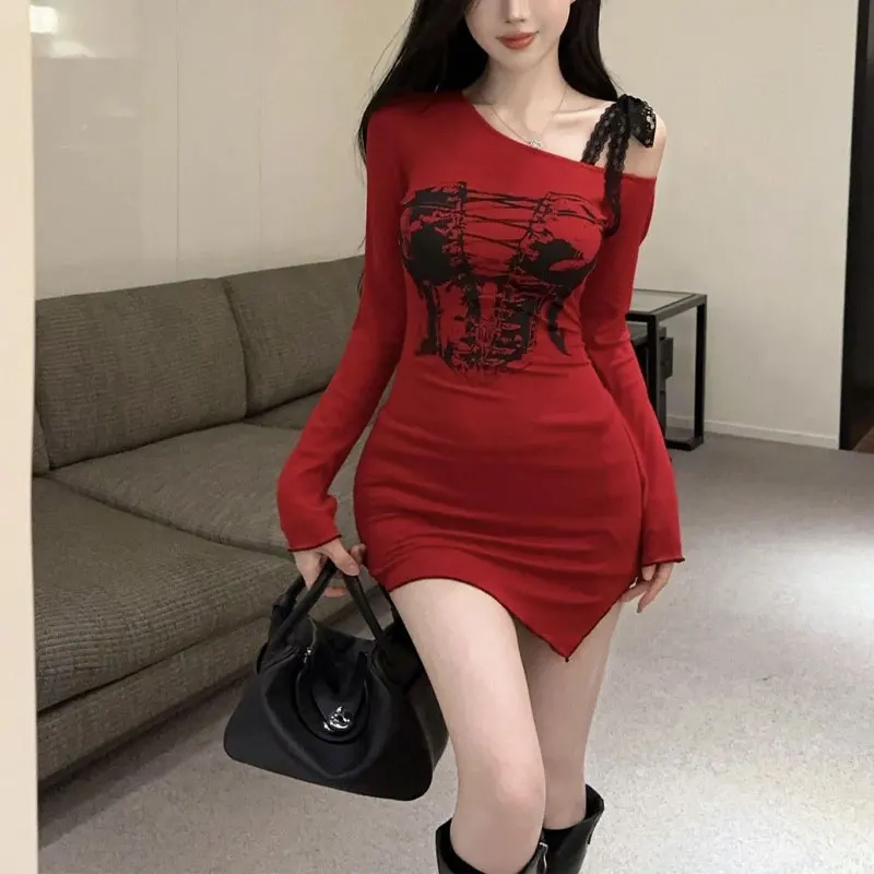 

Stylish Off Shoulder Lace Drawstring Dresses Spring Autumn Printed Slim Women's Clothing Hotsweet Bag Hip Irregular Mini Dress