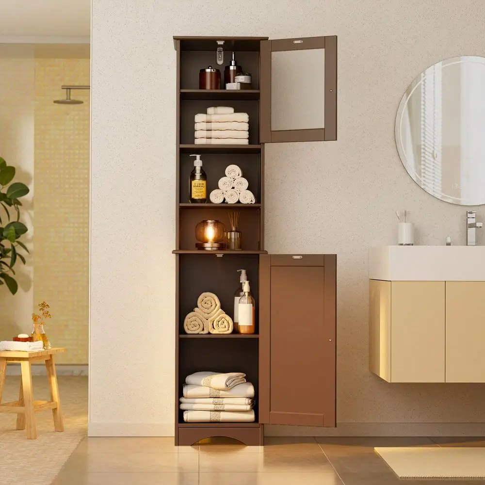 

Bathroom Cabinet With Two Way Doors Freestanding Storage Cabinet With Adjustable Shelves Narrow Tall Linen Cabinet With Open