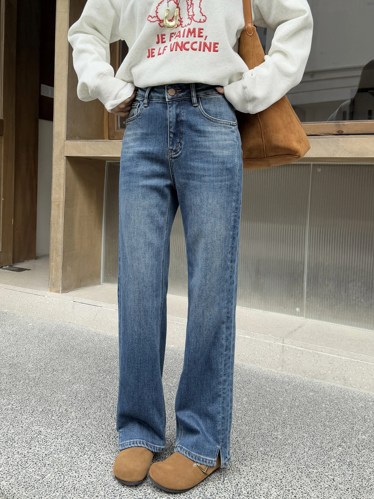 

Женские джинсы Slim Fit с высокой талией, прямые, на флисовой подкладке, для весны, осени и зимы, модные, повседневные, удобные, эластичные