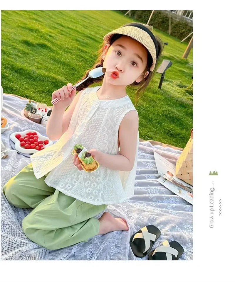 2026 Girls Clothing Suits Kids Summer Trend Top+Thin Pants 2Pc Children Petal Hem Sleeveless Tank Outfit Baby Loose Trousers Set
