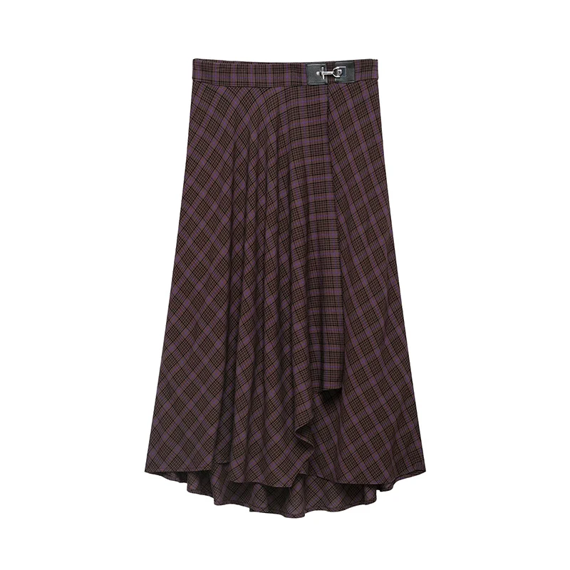 Women  Plaid Midi Skirt High Waist Buckle Belt Asymmetrical Irregular Hem Wrap A-line  Skirts