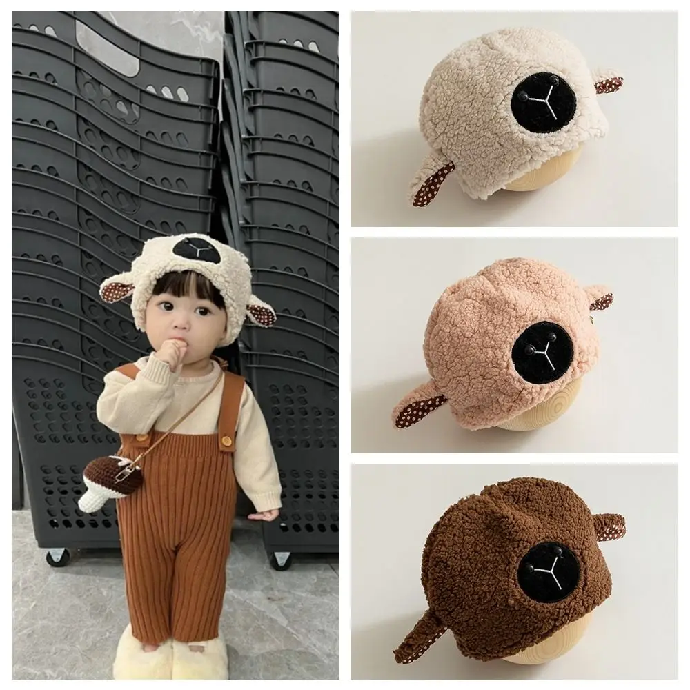 Warm Korean Style Cute Sheep Hat Cloth Accessories Plush Children Lamb Hat Muffler Cartoon Faux Fur Bucket Hat Winter& Autumn