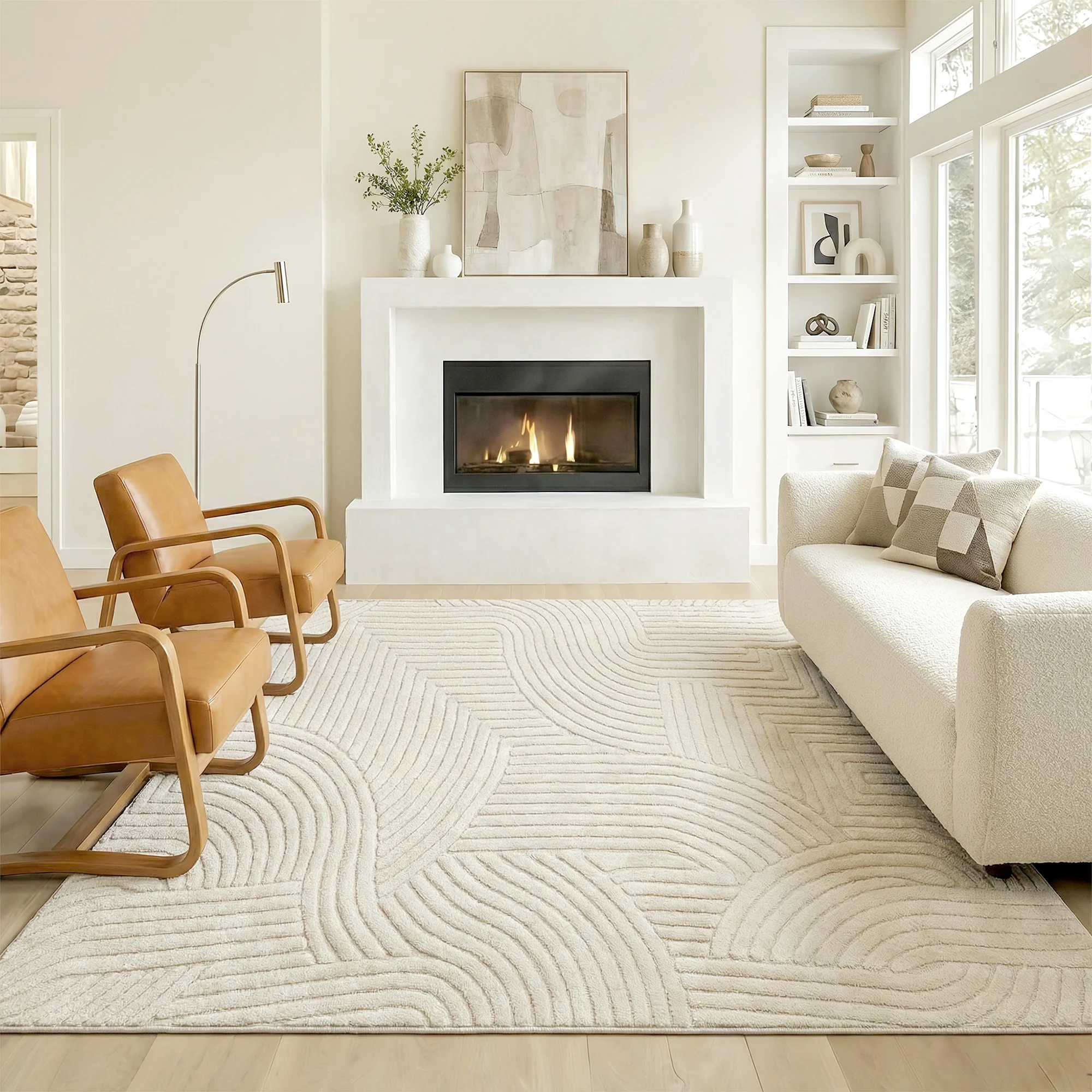 Homcom vloerkleed voor de woonkamer, 200 x 140 cm, met een dikke, geometrische vacht, zacht en antislip, modern design, geschikt voor de woonkamer, slaapkamer en kantoor, crèmekleur.
