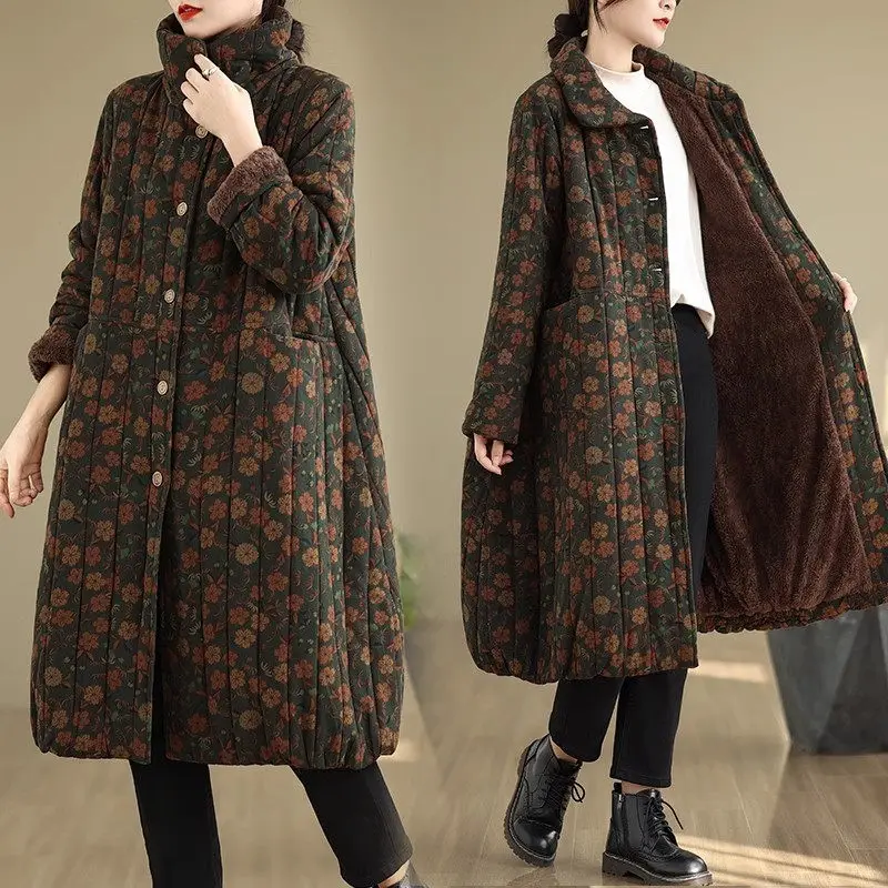 2024 Winter New Large Size Cotton Coat Casual Floral Warmth Loose Medium Length Vintage Fleece Jacket For Women Overcoat k2670