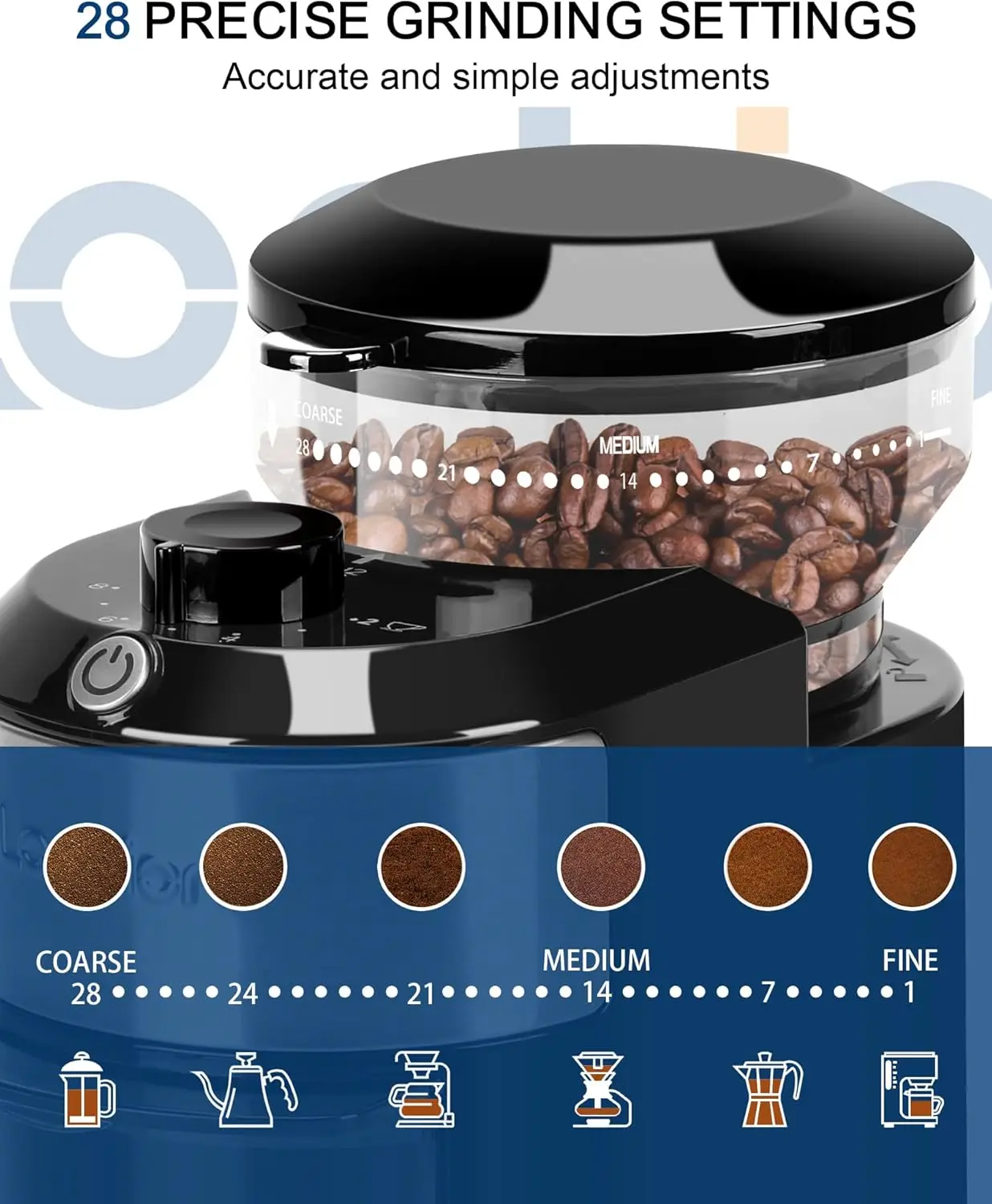 Burr Coffee Grinder Electric - Adjustable Burr Grinder with 28 Precise Grind Settings for 12 Cups - Coffee Grinders for