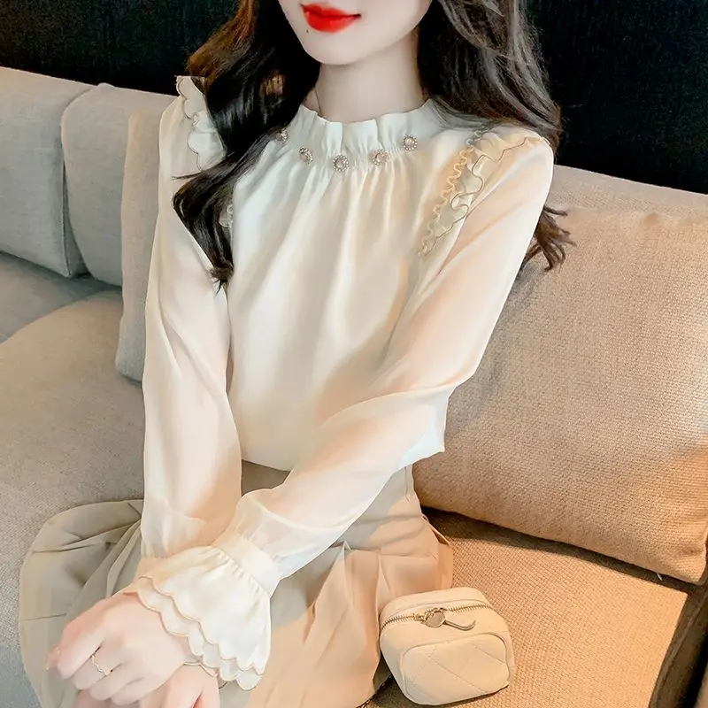 French Chic High-end Shirt for Women with Long Sleeves and Wooden Ear Lining New Chiffon Top