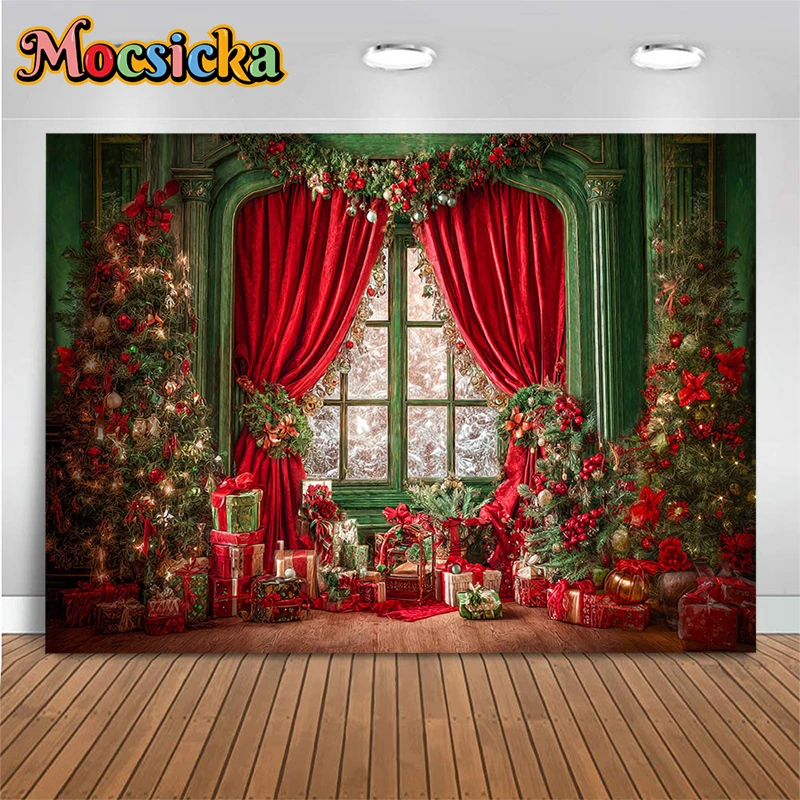 

Mocsicka Christmas Home Background Photography Retro Abstract Tree Backdrop Gifts Green Indoor Red Curtains Decors Studio Banner