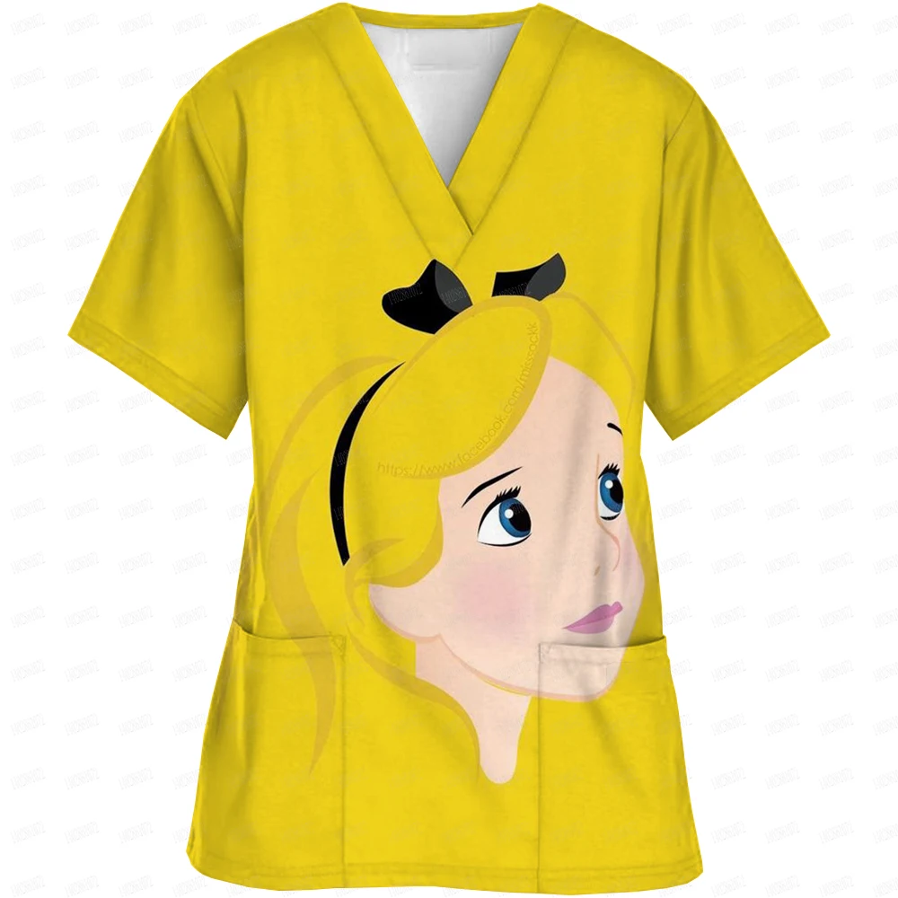Women Working Uniform Disney Princess Print Frozen Elsa Short Sleeve V-neck Tops Femme Blouse Nurse work wear Medical Uniforms