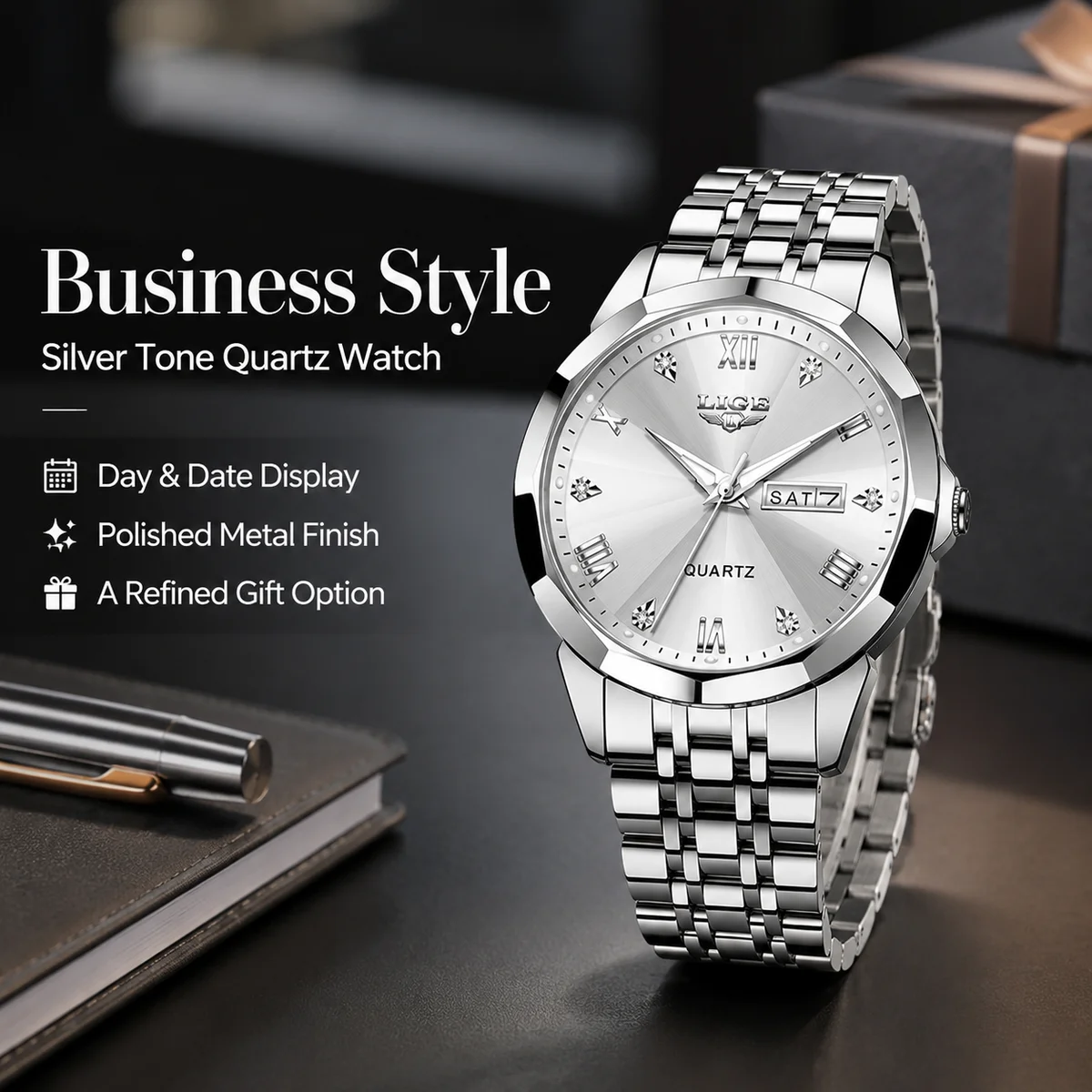 

LIGE 2026 Men Business Watch Week Date Double Calendar Luminous Waterproof Quartz Wristwatch Male Dress Clock Watches For Men