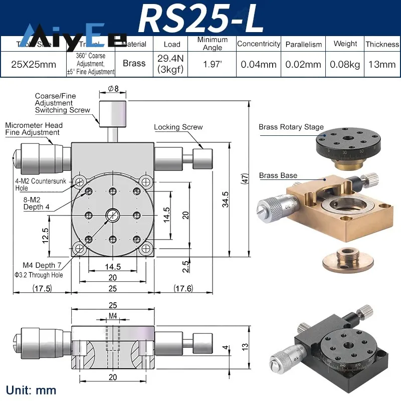 RS25-L Manual Rotation Stage 25mm Precision R-Axis Rotary Table 360° Coarse and ±5° Fine Adjustment
