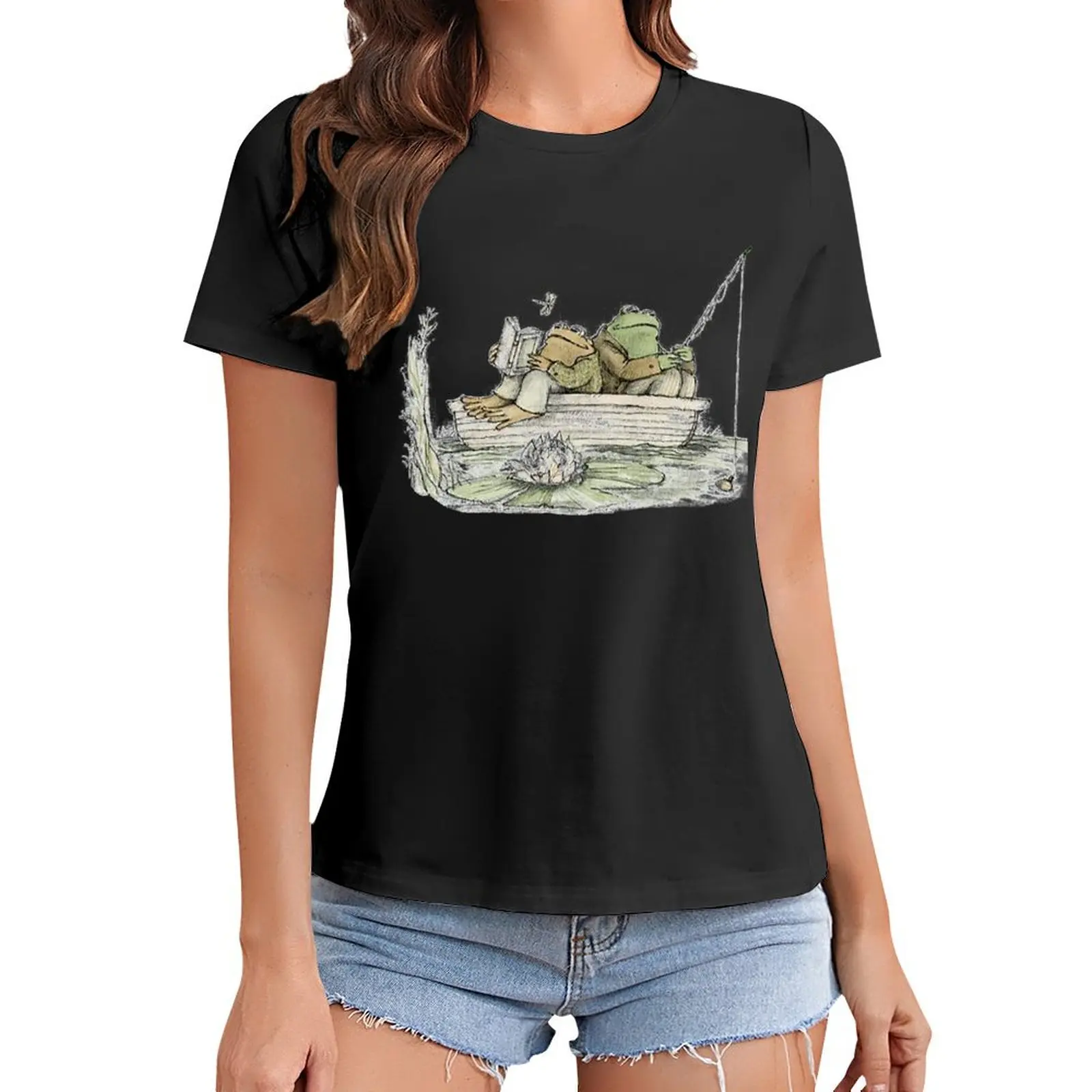 

Frog and Toad Fishing T-Shirt female anime tops t shirt for Women