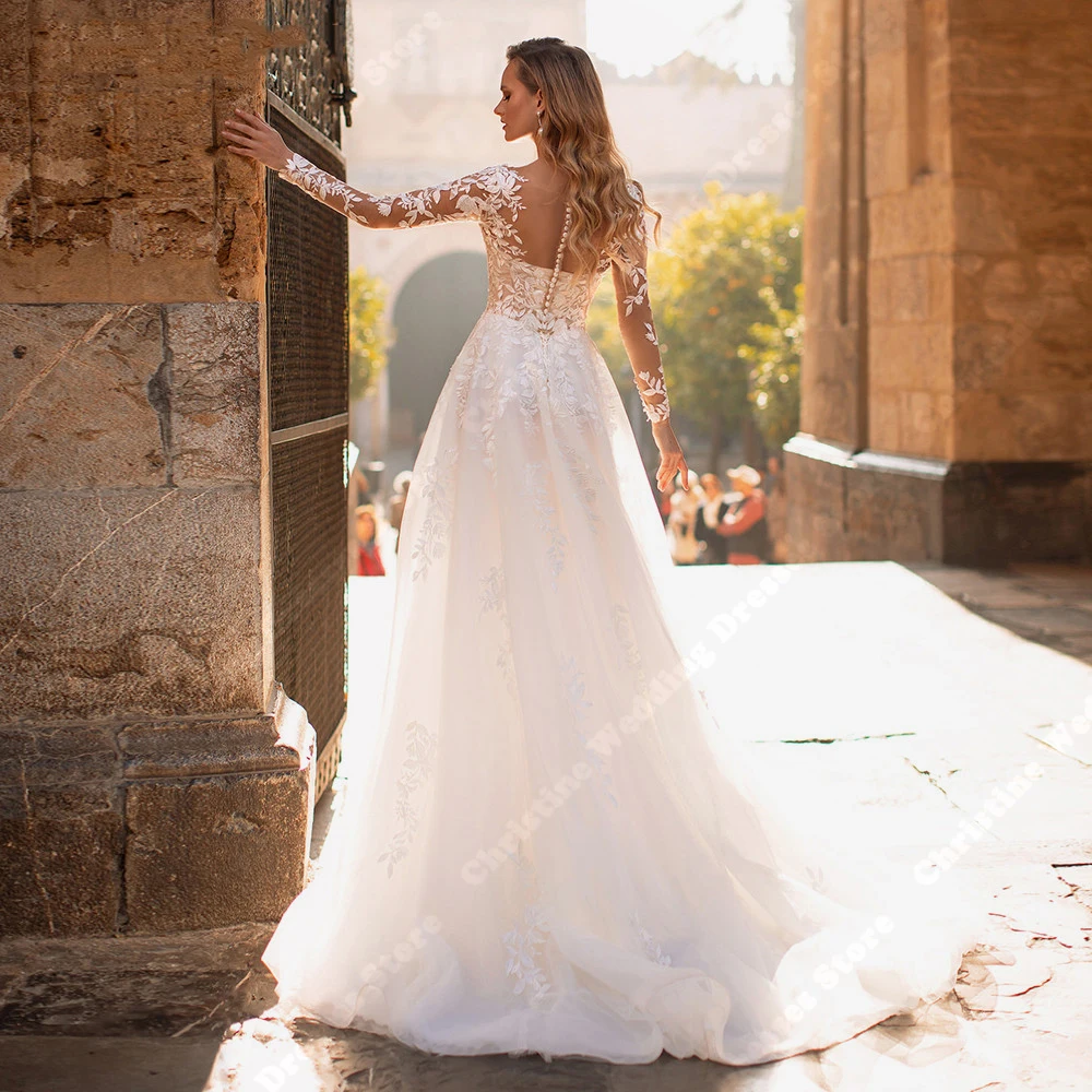 Vestidos de casamento de mangas compridas para mulheres, decalques de renda, vestidos de noiva, boêmio, elegante, novo, 2024