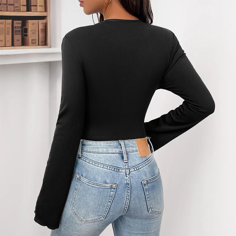 Sexy Skinny Bodysuits Autumn Sweet Wind Design Sense Three-dimensional Flower Decoration Black Long-sleeved Onesie Tops