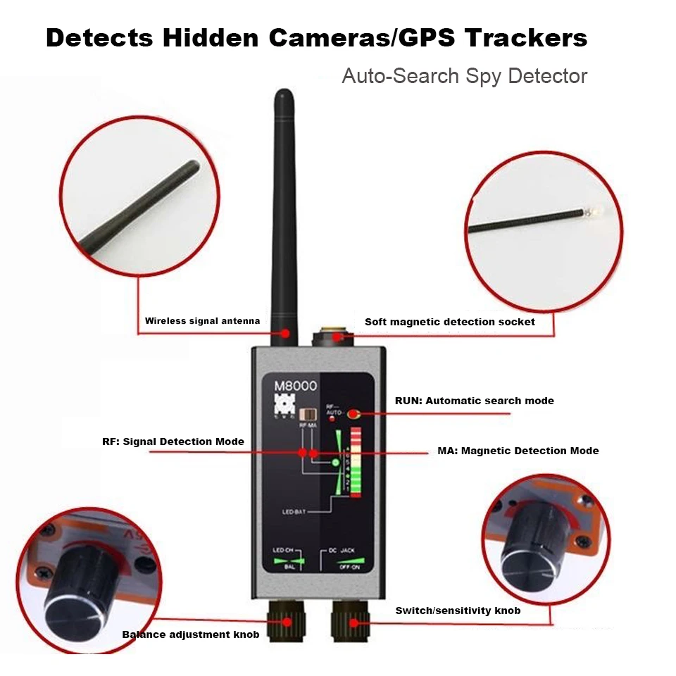 

Auto-Search Spy Detector 1MHz-12GHz Bug/GPS Trackers/Cameras Finder Magnetic Sensor 10-Level LED Sound Light Alarm for Car/Room