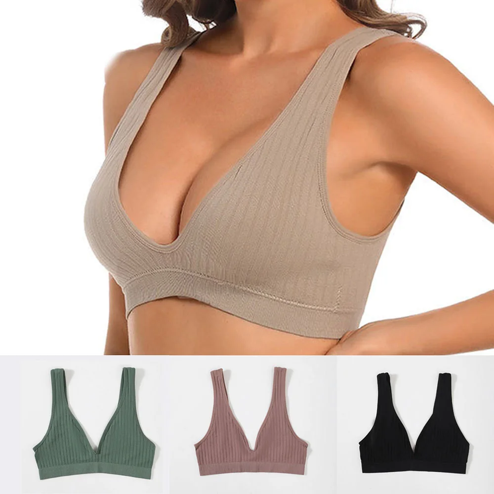 

Deep V Plus Size Sports Bra Women Yoga Bras Breathable Seamless Wirefree Bra with Fixed Straps Underwear No Slipping Bras