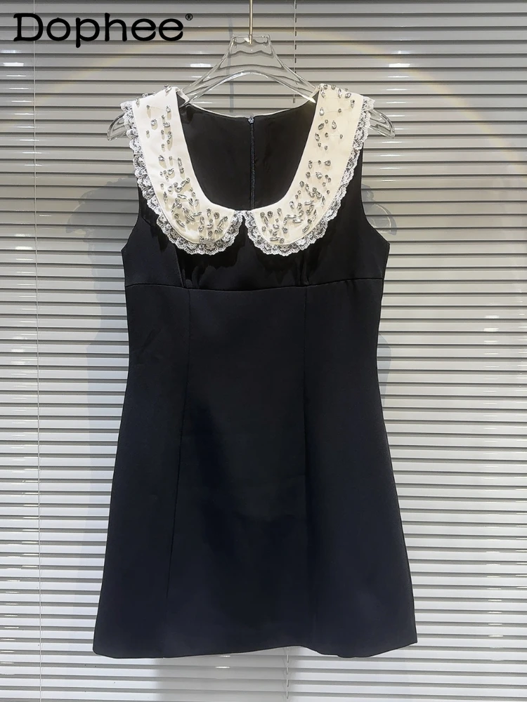 

Elegant Socialite Beaded Sleeveless Black Dress for Women 2024 Summer New Retro Peter Pan Collar Lace Lace Vest Dresses Female
