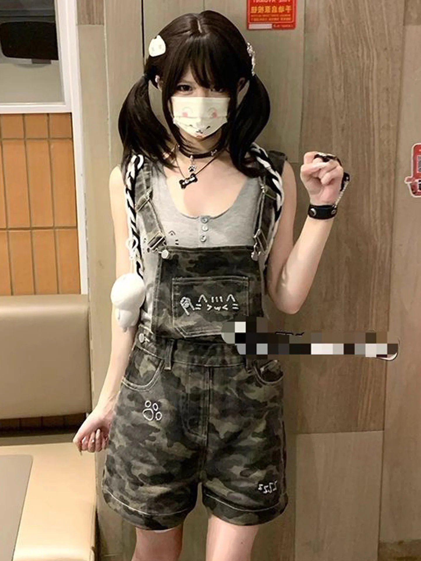 American Sweet And Spicy Camouflage Print One-Piece Denim Shorts Women's Summer New Style Slimming Strap Hot Pants
