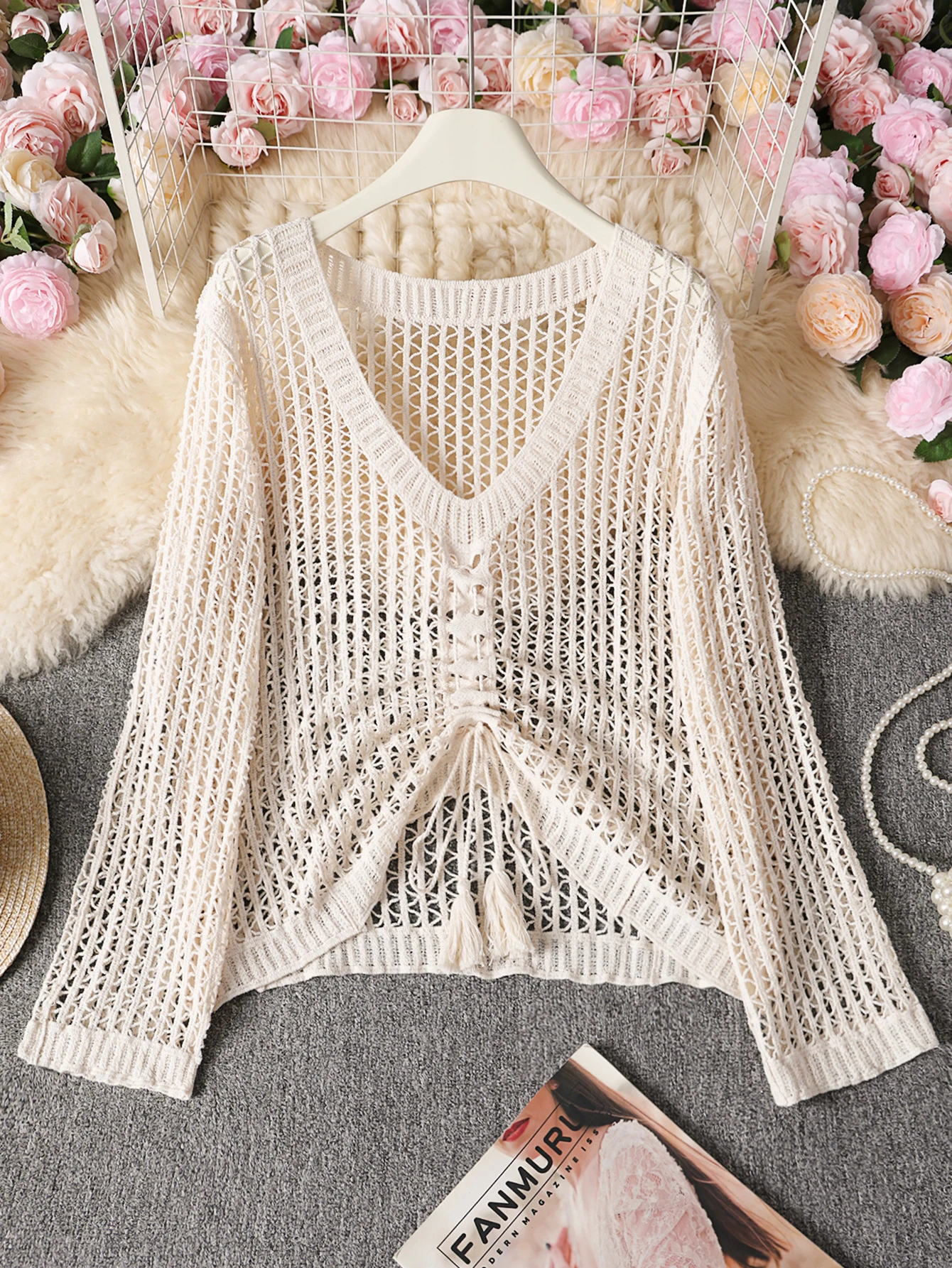 

Women's Lightweight Long-Sleeve Drawstring Lace-Up Spring/Summer Knit Top Comfortable and Breathable Casual Blouse