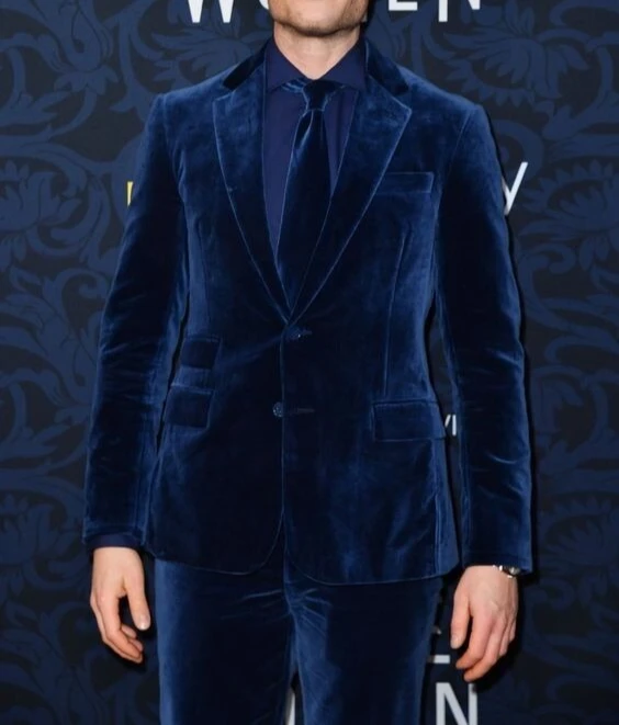 

2Pcs Blue Velvet Men's Suits Fashion Slim Fit Tuxedos Wedding Groom Party Blazer