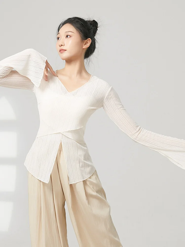 Mulheres dança clássica topo cor sólida malha sino manga longa divisão camisa para desempenho de palco treinamento ensaio traje elegante