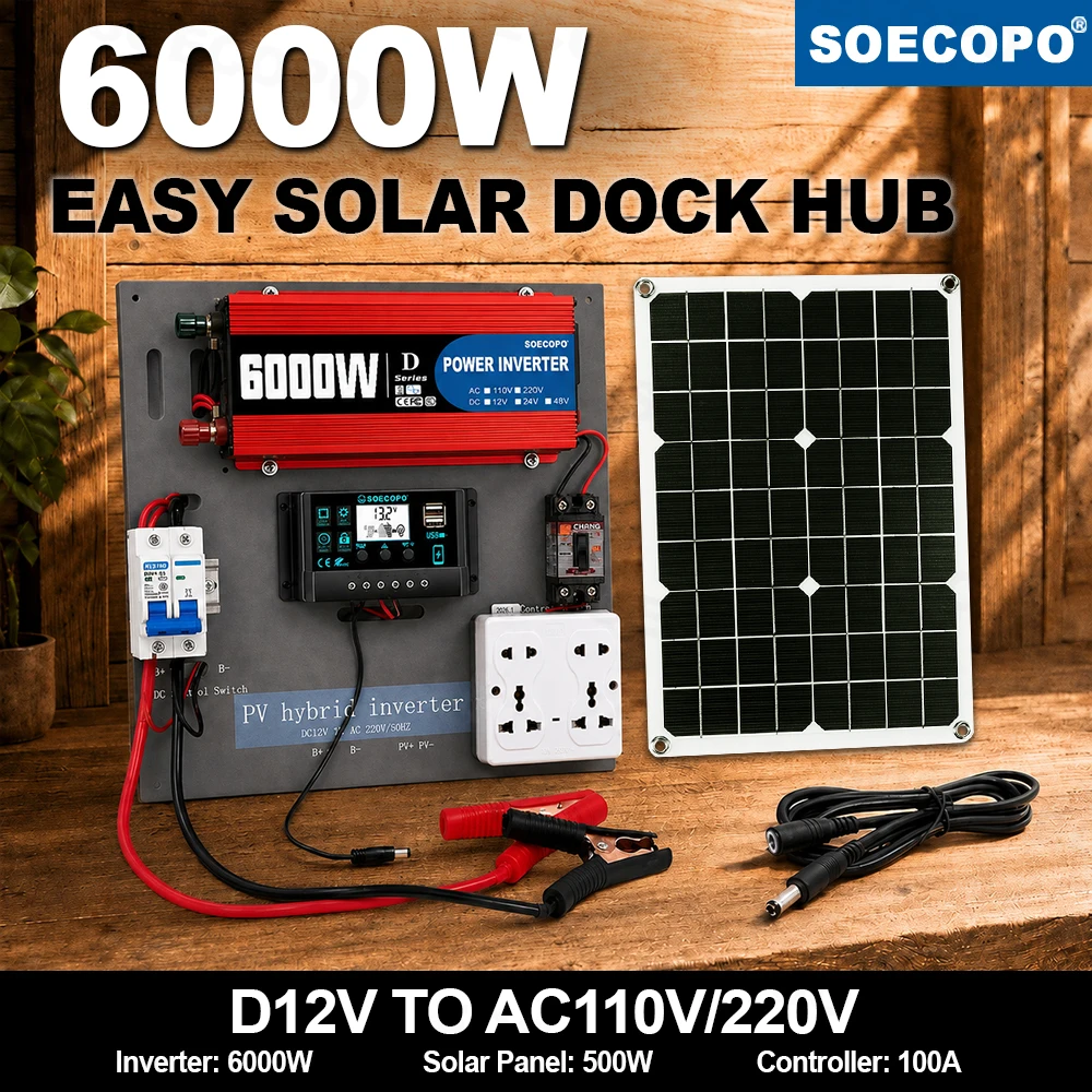 Off-Grid Cabin Pre-Wired Solar Power Hub With 6000W Inverter 500W Panel 100A Controller 2m Extension Cable For Picnic Party Home