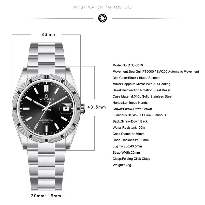 Octopus Men Automatic Watch 36mm Luxury Mechanical Wristwatch 10ATM Waterproof BGW-9 Luminous Sapphire Mirror PT5000 SW200