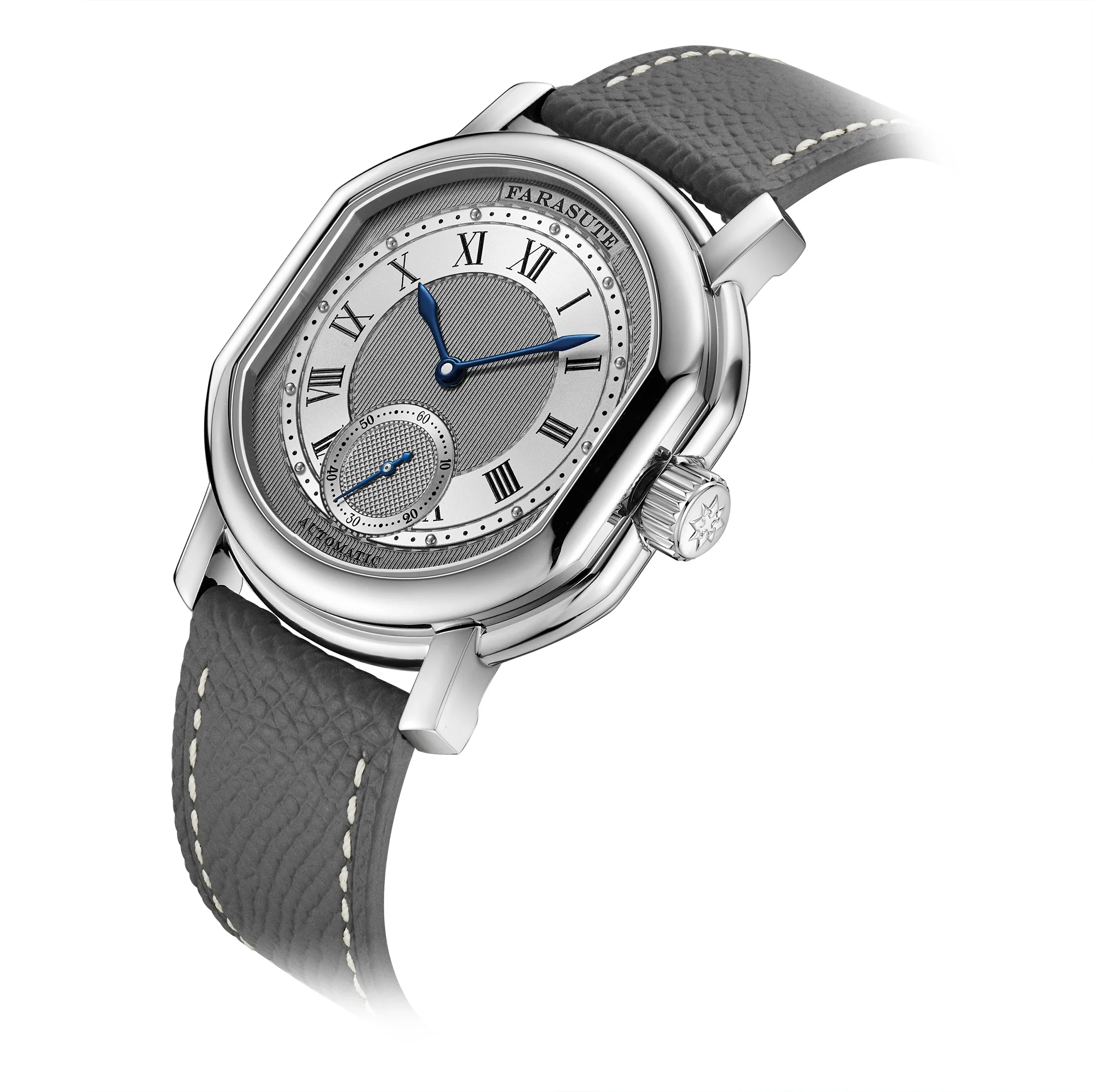 FARASUTE ساعة أوتوماتيكية للرجال 38 مللي متر * 45.6 مللي متر ساعة اليد الميكانيكية الياقوت 5ATM حركة الطاووس الصغيرة الثانية الهاتفي الرقم الروماني