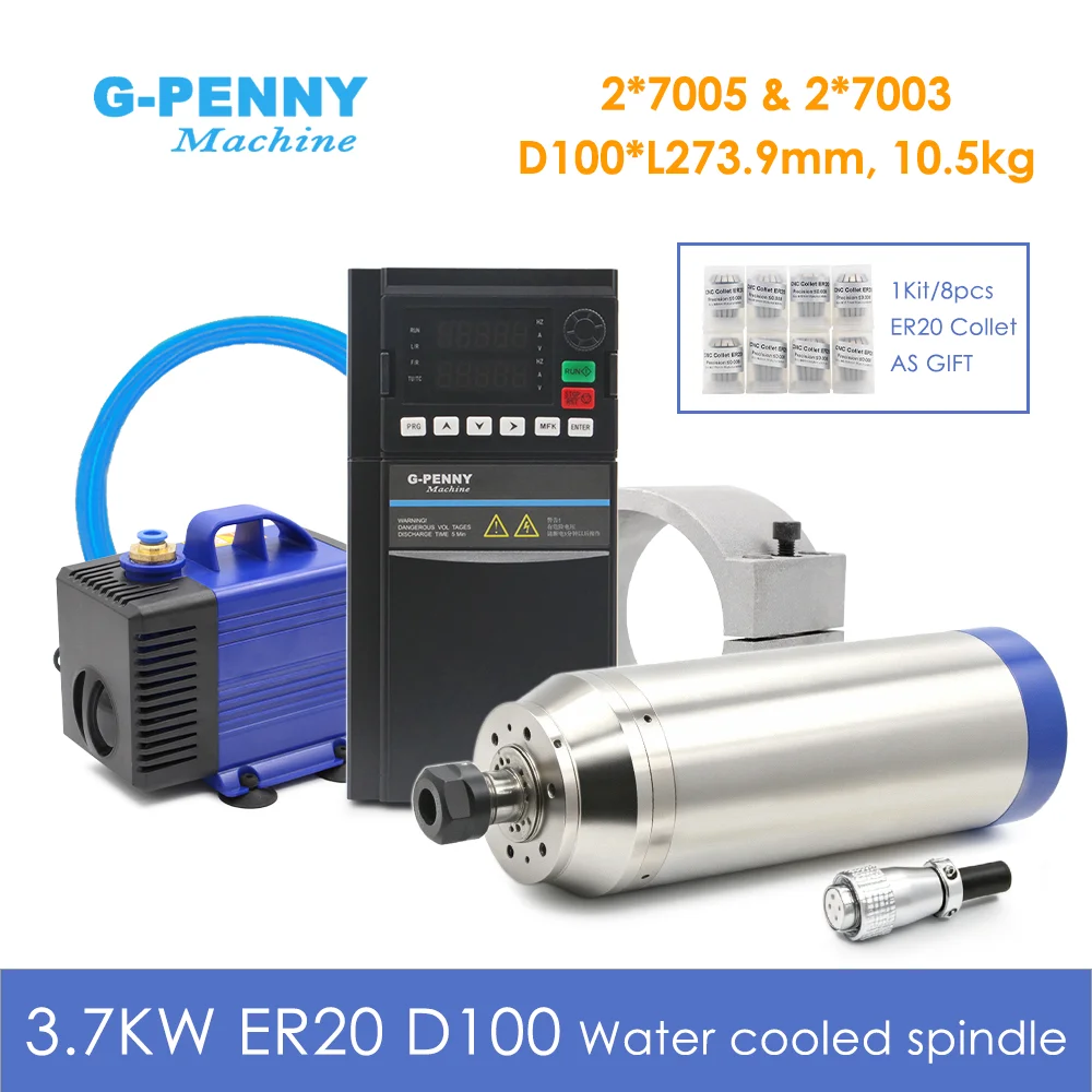 G‑Penny 3.7KW 100mm Waterproof Bullet Type Water Cooled CNC Spindle Kit For Wood Stone Carving Milling,4kw Inverter,Bracket