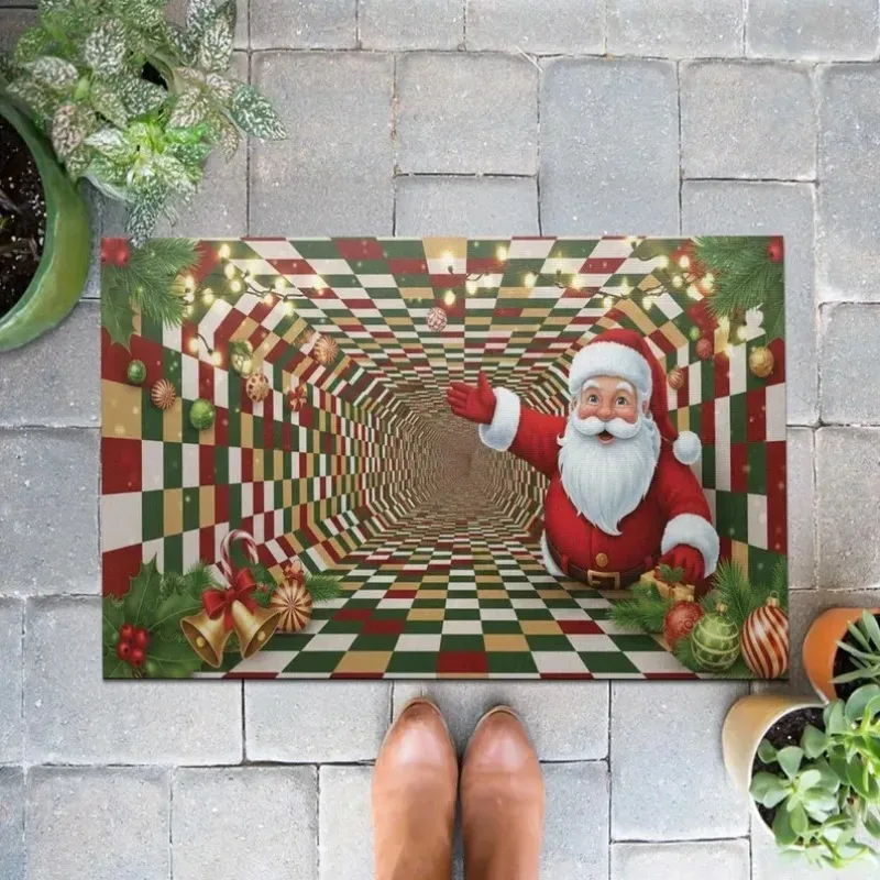 Weihnachtsmann-Fußmatte, 3D-Illusion, Schachbrett-Eingangsteppich mit Feiertagsornamenten
