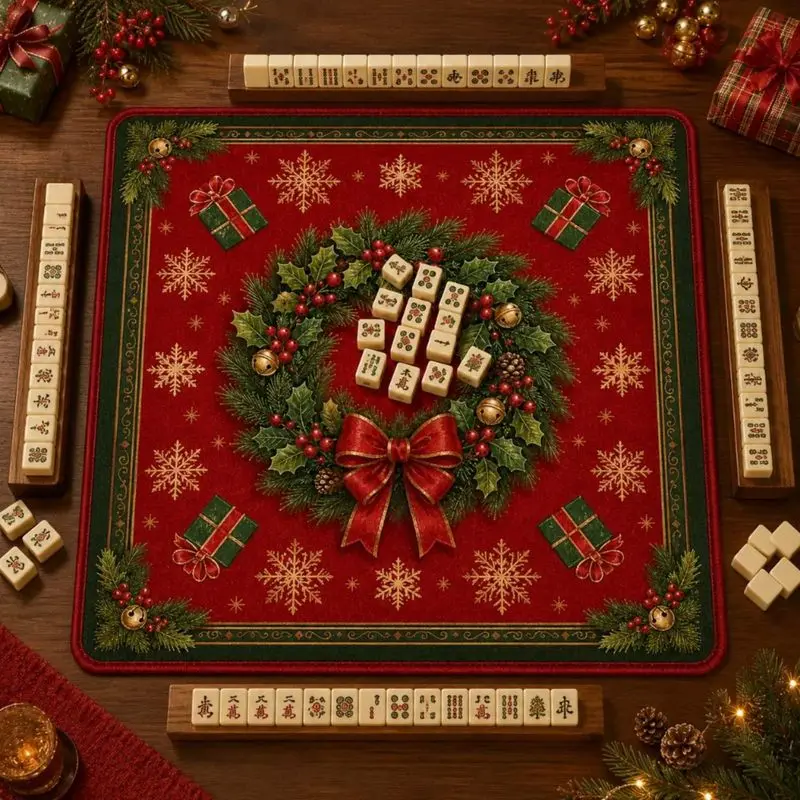 Square Mahjong Table Mat Christmas Wreath Gift Box Snowflake Bell Print Non‑Slip Silent Foldable Game Pad for Xmas Home Decor