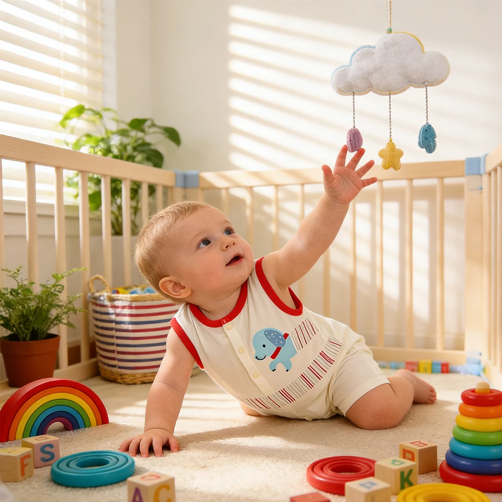 

Baby Summer Cool and Breathable Sleeveless Jumpsuit, Beige with Red Border and Small Dog Print Open Crotch Jumpsuit