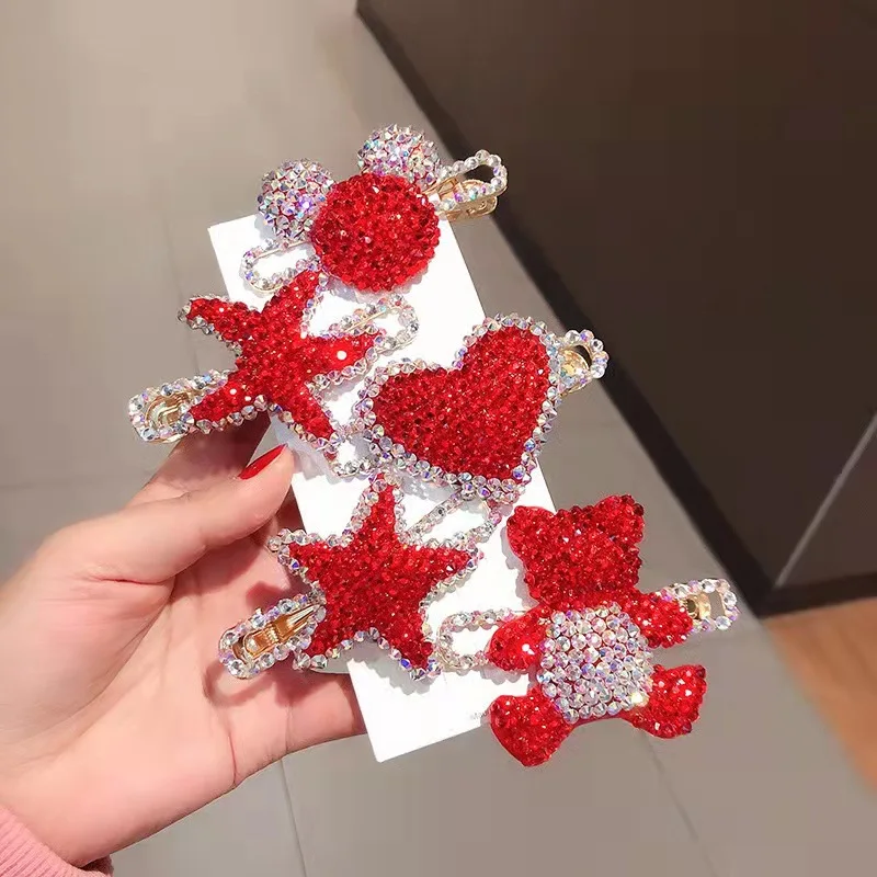 Red Rhinestone Heart-shaped Hair Clip Bowknot Bangs Side Clip for Girls New Year Gift Wedding Party Accessories Fashion Jewelry