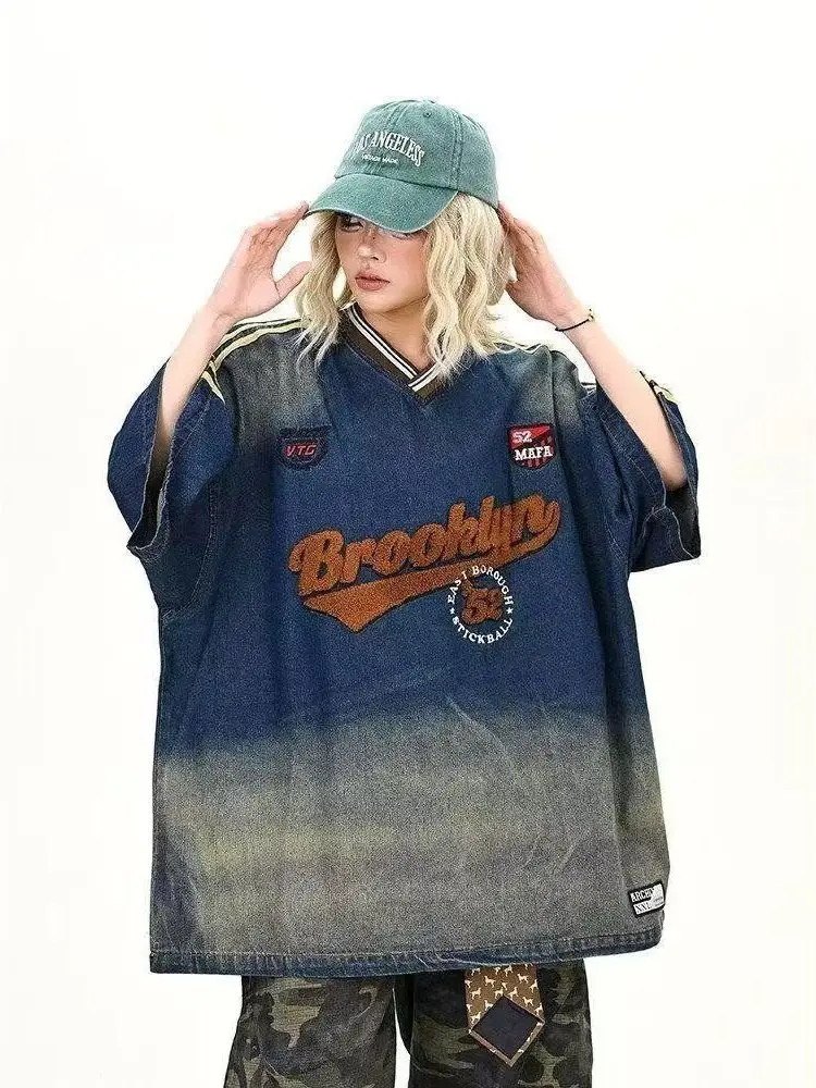 Wild Boy 26ss Washed Denim Short Sleeve T-Shirt Unisex Loose American Retro Top Summer Trendy Brand Casual Style V-Neck Tee