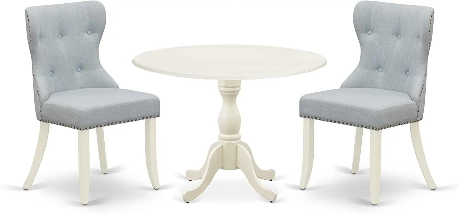 

3Piece Dining Table Set Contains a Round Dining Room Table with Dropleaf and 2 Baby Blue Linen Fabric Upholstered Kitchen Chairs