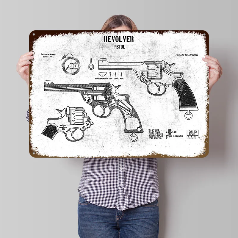 Revolver Pistol Poster Customized Vintage Metal Signs Wall Art Retro Tin Plaque for Bathroom Decor Room Accessories Wand Deko