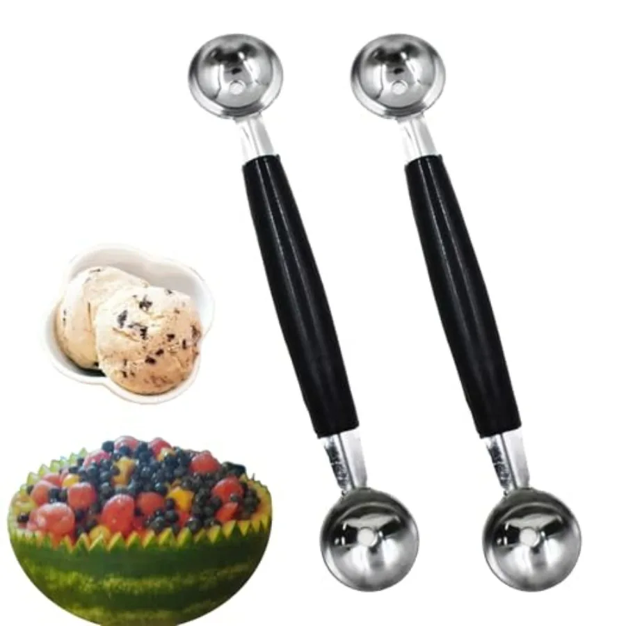 2 Piezas de Cuchara para Hacer Bolas de Melón de Doble Punta, Cuchara para Hacer Bolas de Fruta y Helado de Acero Inoxidable, Cuchara Redonda para Hacer Bolas de Melón para Sandía